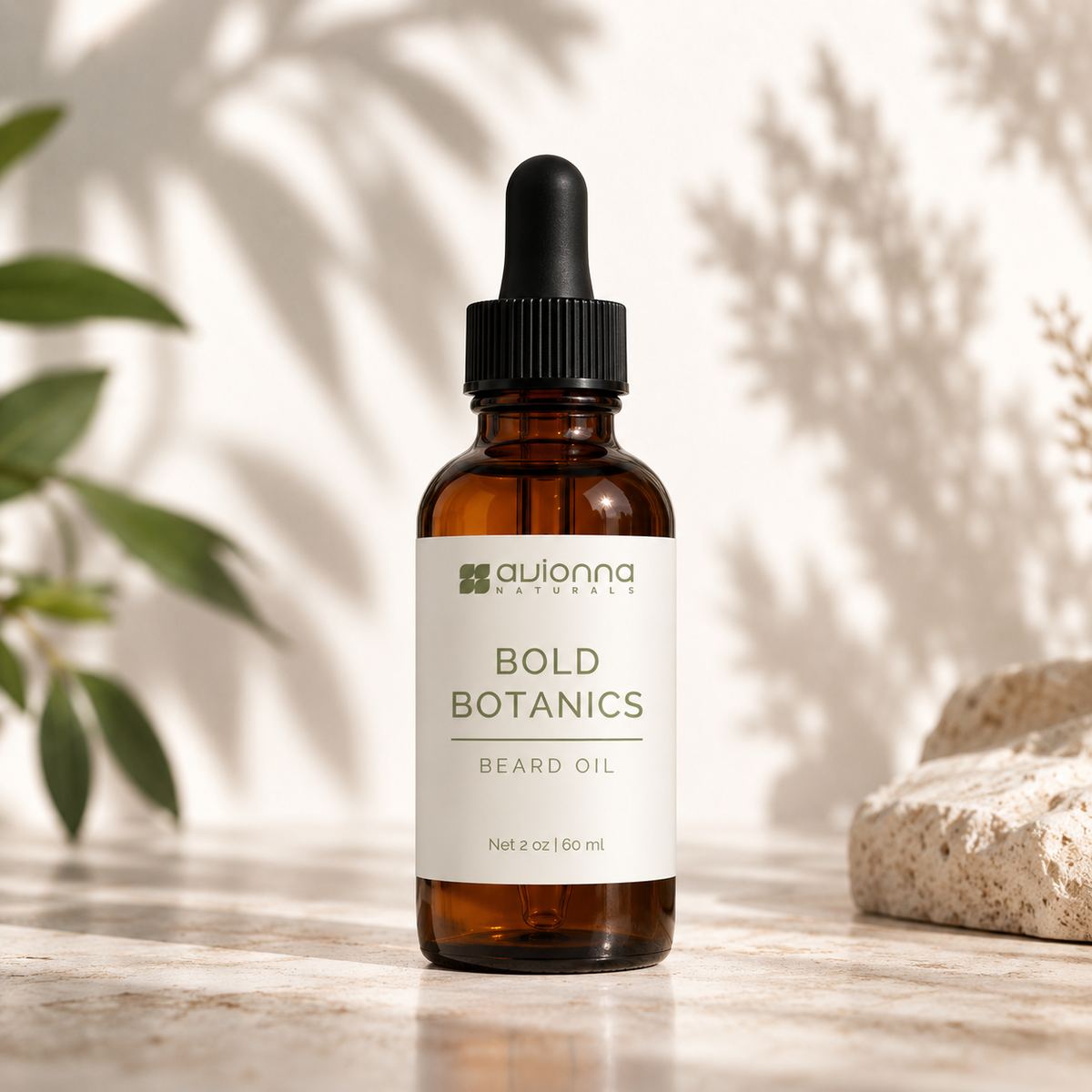 Bold Botanics Beard Oil by Avionna Naturals in a 2 oz amber glass dropper bottle