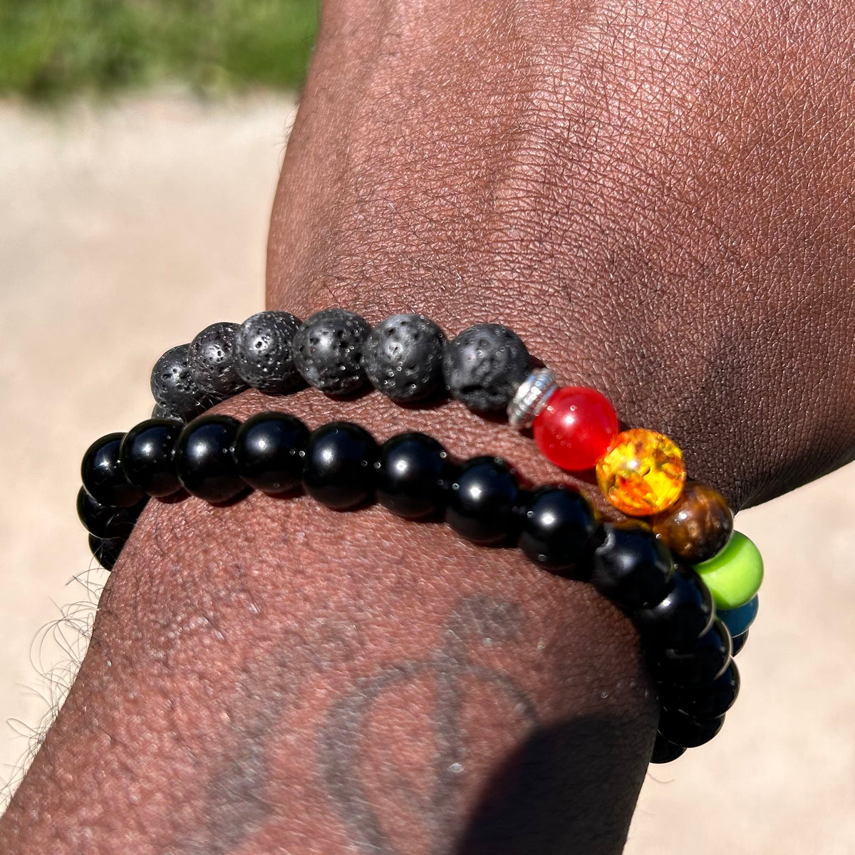 Close-up view of the multicolored glass beads on the Chakra Bracelet.