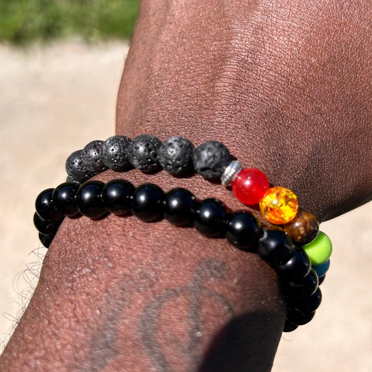 Close-up view of the multicolored glass beads on the Chakra Bracelet.