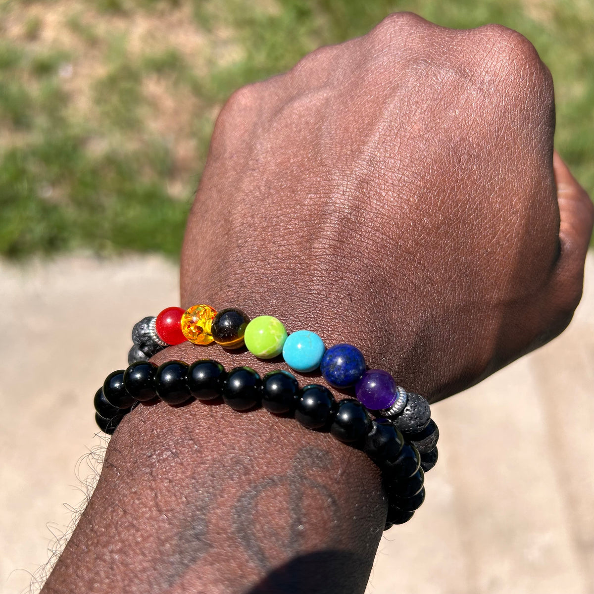 Stretch Chakra Bracelet styled as a colorful self-care accessory.