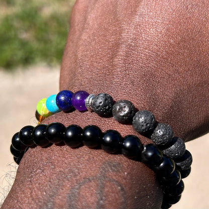 Chakra Bracelet displayed to show its colorful glass bead pattern.