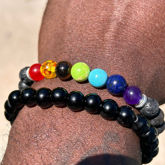Avionna Naturals Chakra Bracelet with multicolored glass beads on stretch elastic.