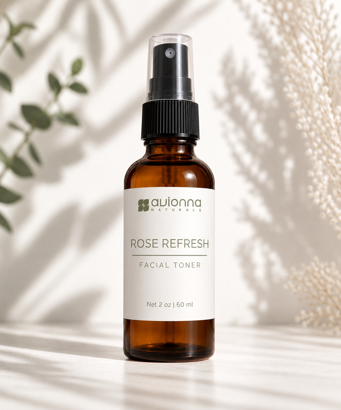 Rose Refresh Facial Toner by Avionna Naturals in a 2 oz amber glass spray bottle