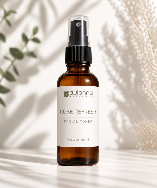 Rose Refresh Facial Toner by Avionna Naturals in a 2 oz amber glass spray bottle